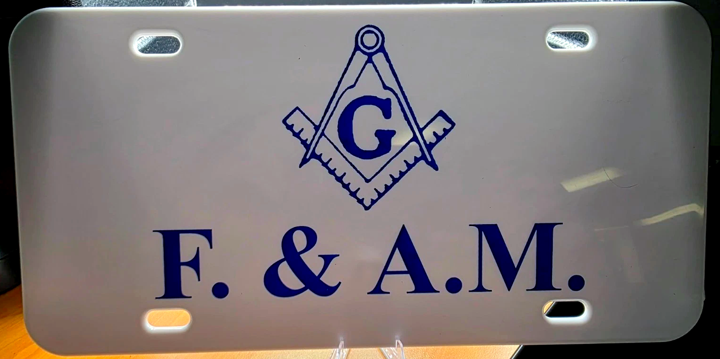 Masonic F. & A.M. Square & Compass License Plate - Blue on White
