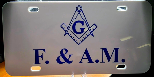 Masonic F. & A.M. Square & Compass License Plate - Blue on White